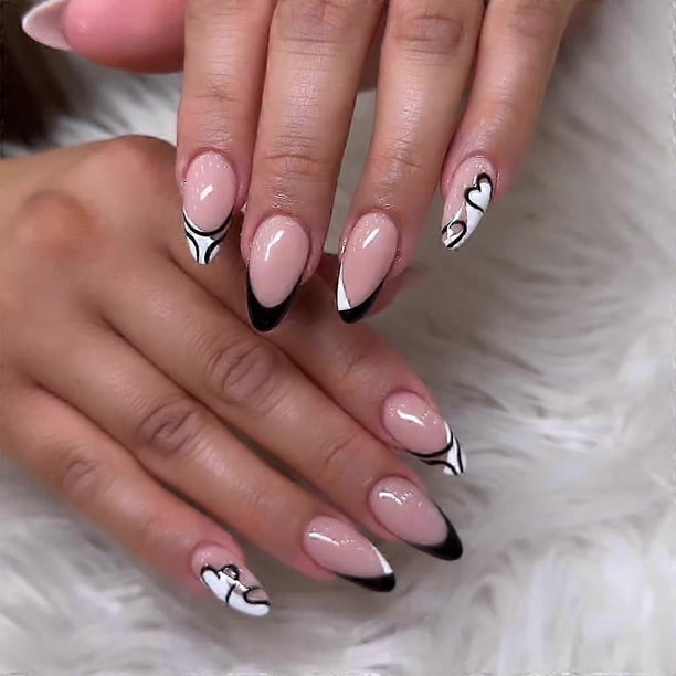 Almond Nude Pink Natural Black French Heart Press on Nails with Nail Glue,Valentine's Day Acryl Fake Nails