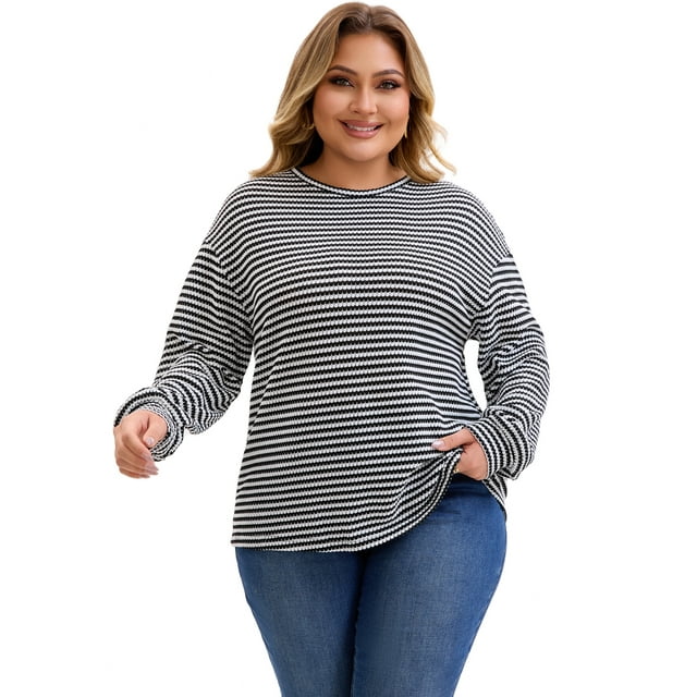 Blusa básica casual de manga larga con cuello redondo y puños elásticos para mujer de tallas grandes, rayas, 4X, negra