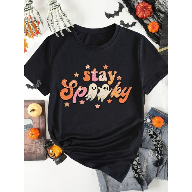 Halloween print t-shirt, short sleeve crew neck casual top for summer & spring, Women's clothing