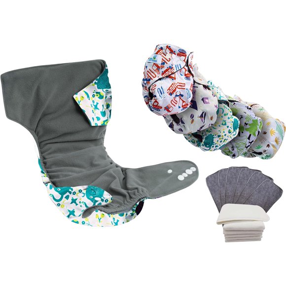 Baby bamboo 5 Pañales Ecológicos Estampados para Niño + 5 insertos de 4 capas de microfibra. Pañales de tela para bebé 4-15 kg, interior de bambú