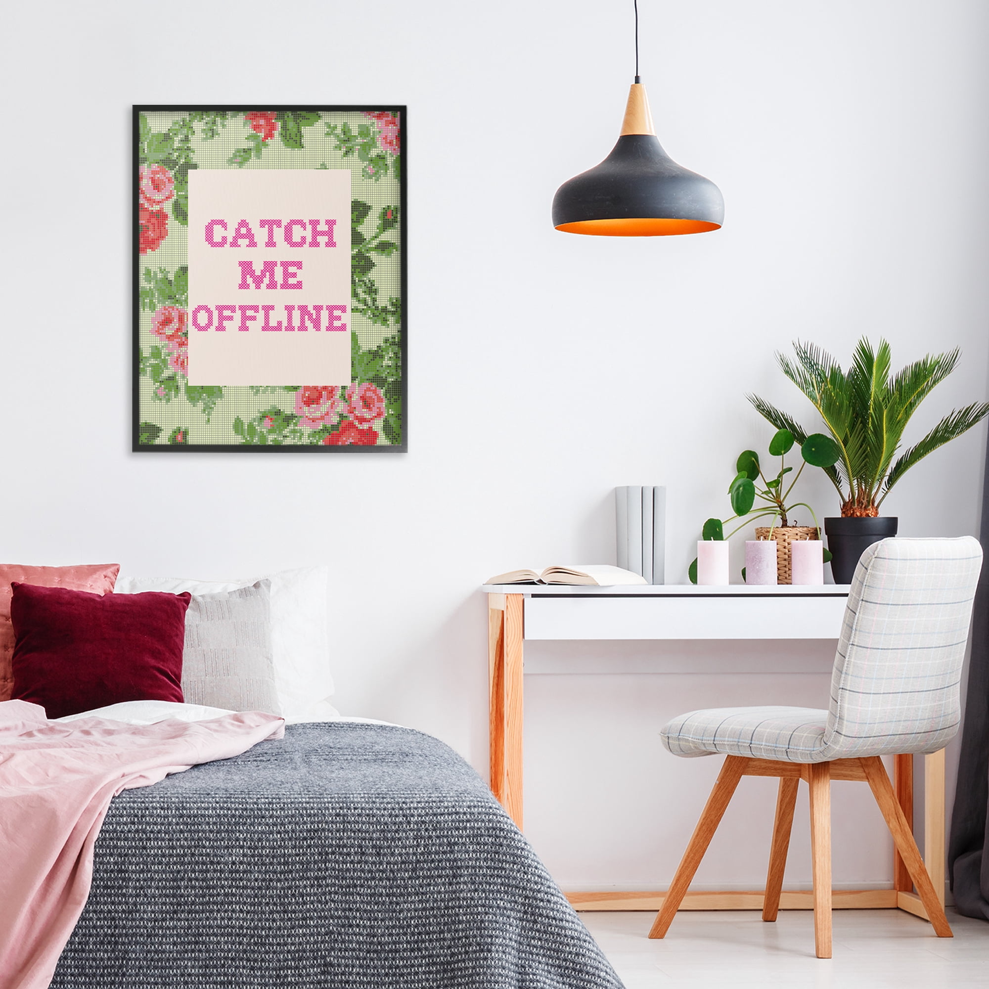 Stupell Industries Catch Me Offline Faux Cross Stitch Black Framed Giclee Art, design by Lil' Rue
