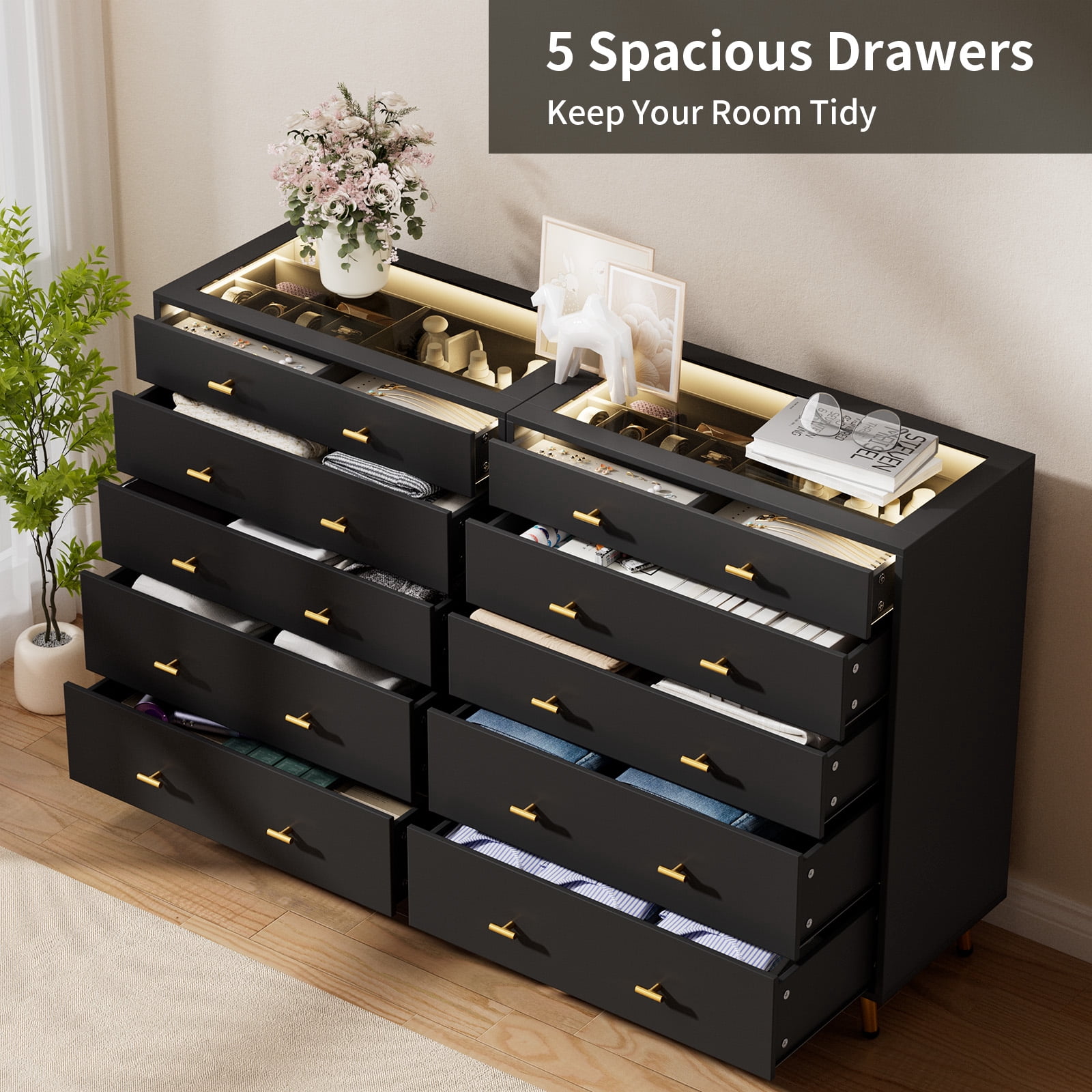 black glass dresser Cyehnenx 5 Drawer Tall Chest of Drawers for Bedroom & Closet Island with Top & Jewelry Storage & Glass Dresser Women's size:18W