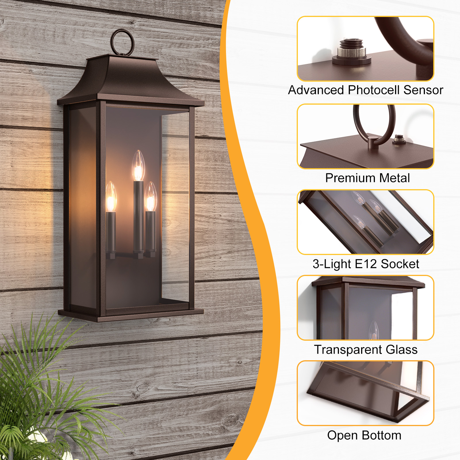 Maxax Dusk to Dawn Outdoor Wall Lights 3-Light, Oil Rubbed Bronze Exterior Lighting Fixtures, 25" Large Outdoor Wall Sconce, Waterproof Outside Wall Lantern for Porch Patio Garage