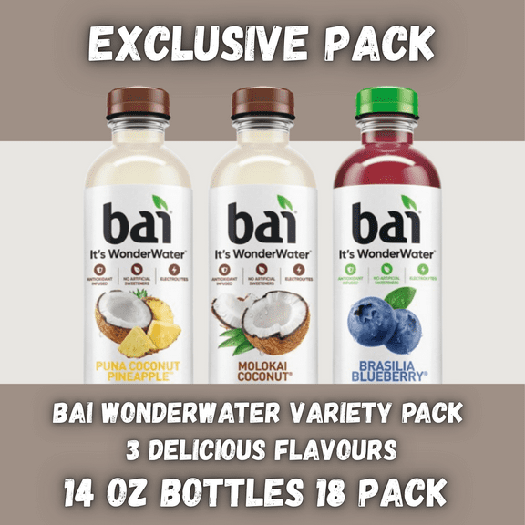 Bai Antioxidant Infused Water Variety Pack, 14 fl oz Bottles, 18 Pack | Puna Coconut Pineapple, Molokai Coconut & Brasilia Blueberry | Low-Calorie Antioxidant Beverage