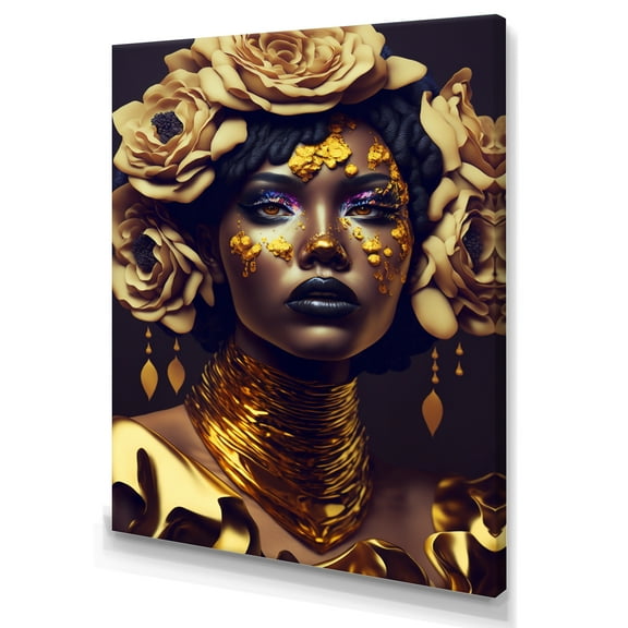 Designart Gold And Black Floral Woman IX Canvas Wall Art