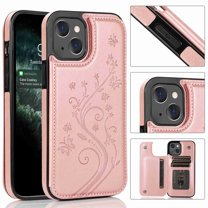 Dteck for iPhone 13 Wallet Case with Card Holder, Butterfly Flower Embossed Faux Leather Kickstand Card Slots Case, Handmade Shockproof Protective Slim Soft Flip Phone Case 2021 6.1", Rosegold