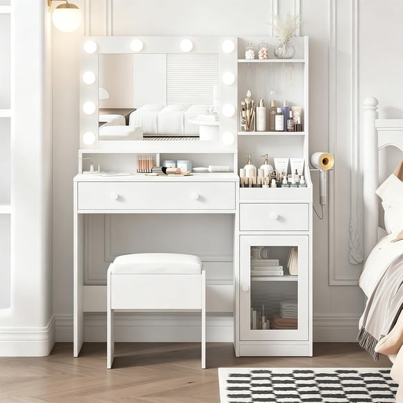 Makeup Vanity Transparente Grande, Blanco, Madera De Ingenier?a | Madera