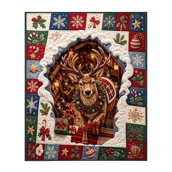Christmas Reindeer Decorative Mat, 3D Visual Design Crystal Velvet Non Slip Rug, Holiday Home Decor