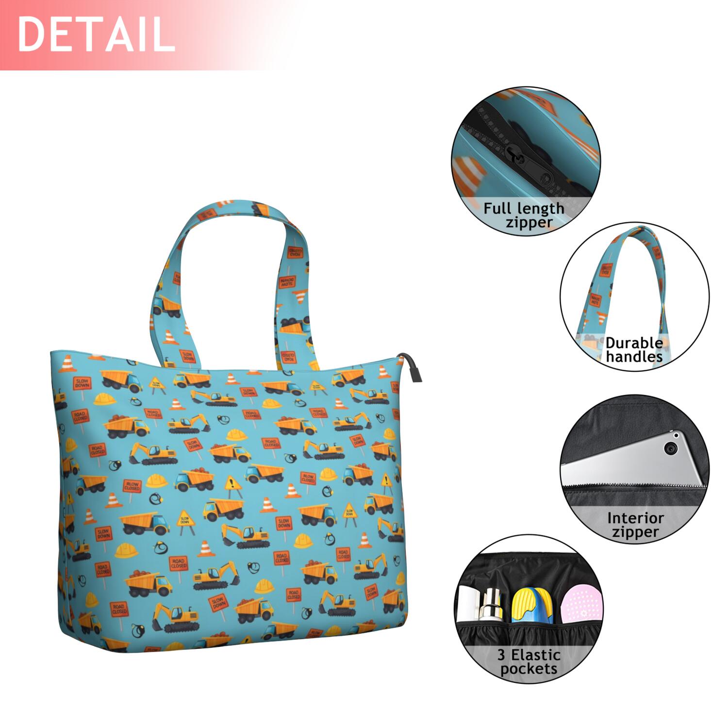 Cartoon Construction Vehicles Road Signs Travel Tote Bags for Women Carry On,Large Weekender Bags for Women Travel,Multi Functional Duffle Bag for Work,Shopping,Sports