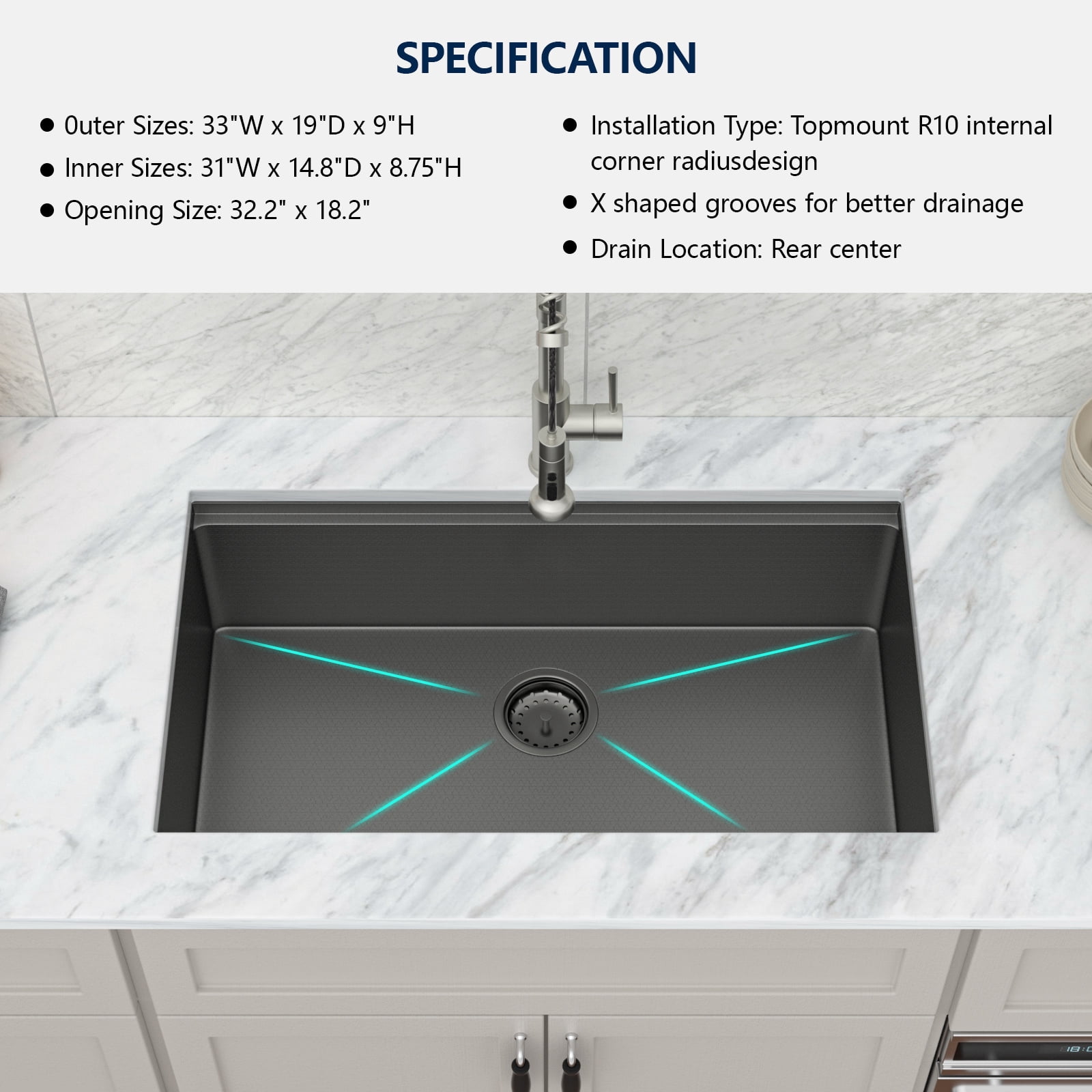 Logmey 33x22 Inch Undermount Workstation Sink Matte Black Stainless Steel Kitchen Sink with Drain Assembly, Honeycomb Mesh Embossing