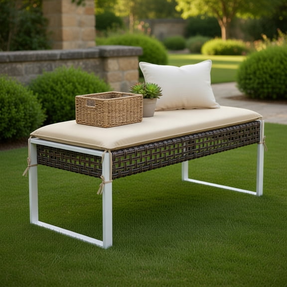 GVN Outdoor Bench, Outdoor Garden Bench,43 Inch Patio Rectangle Ottoman with Metal Legs and Seat Cushion-Beige