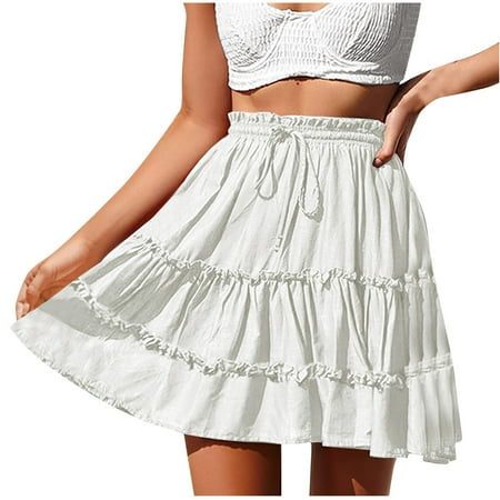 Kaemgyyd Skirts for Women Cute High Waist Ruffle Mini Skirt Tiered Paper Bag Waist Drawstring Adjustable Party Skirt