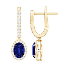 Rosec Jewels Lab Grown Blue Sapphire Drop Earrings with Moissanite for Women - 5X7 mm, 10K Yellow Gold