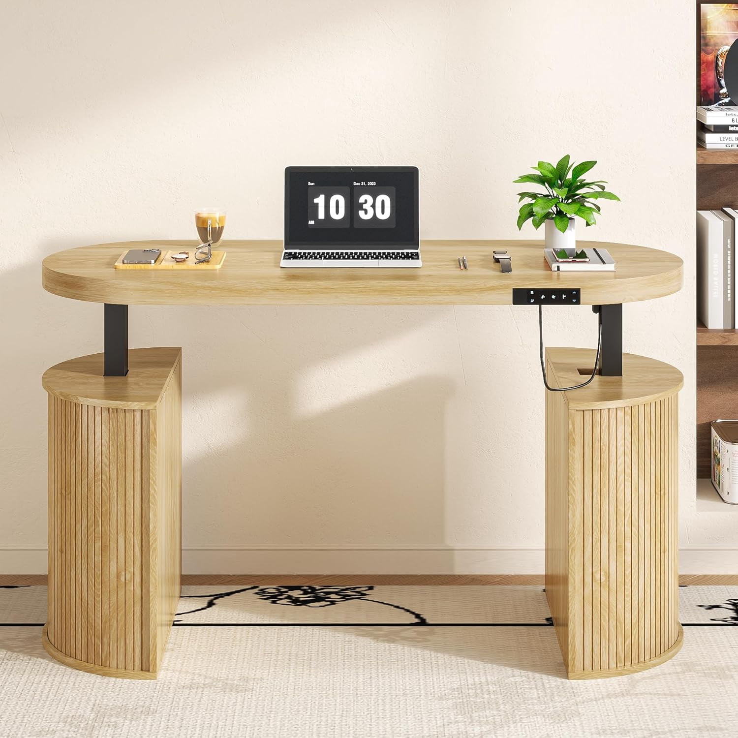Modern Electric Standing Desk, Height Adjustable Computer Desk for Home Office, Laptop, Wood Color
