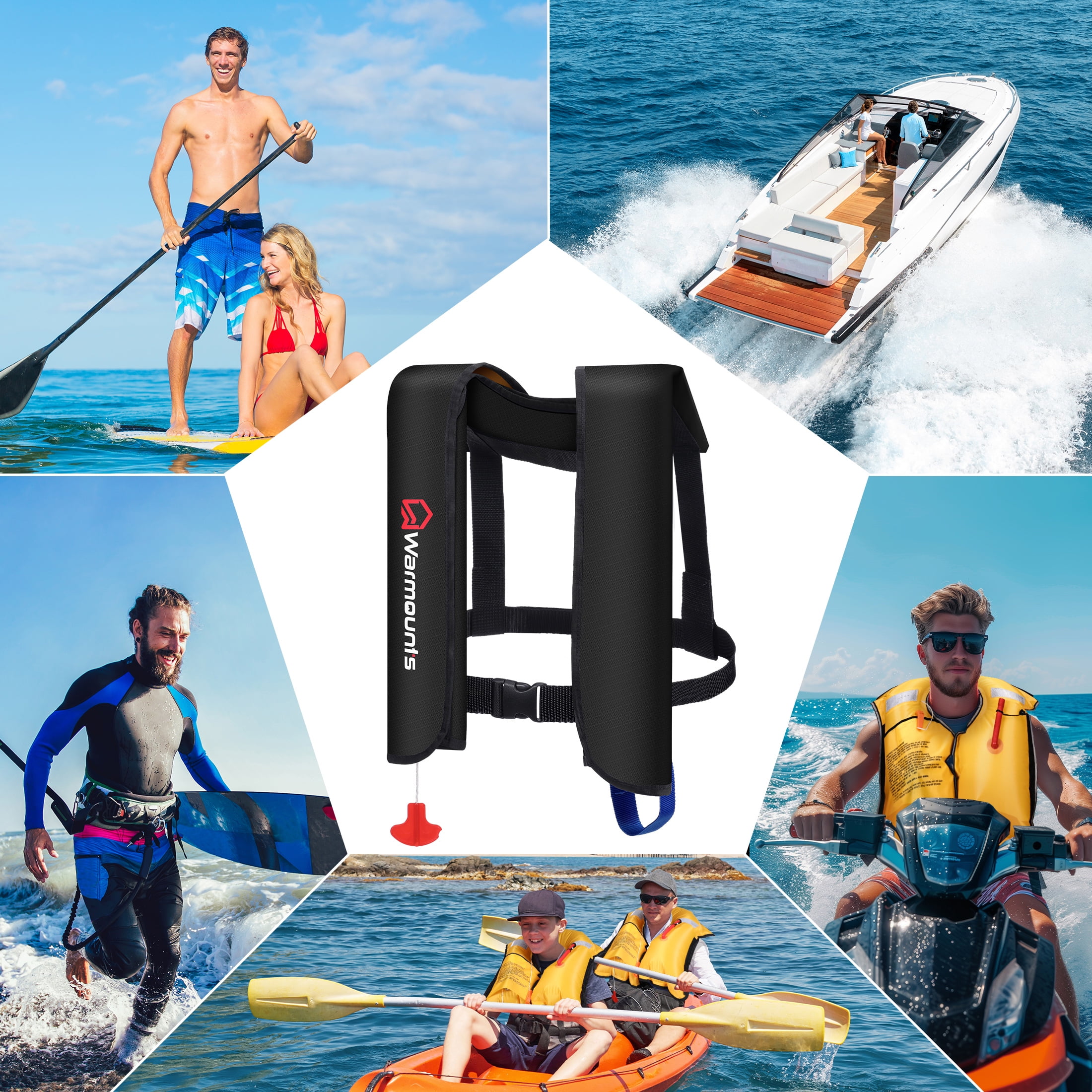 WARMOUNTS Automatic Inflatable Life Jacket w/ Whistle, Adult PFD Survival Buoyancy Vest for Boating Fishing Sailing Surfing Kayaking for Men Women Max Waist Size: 50''