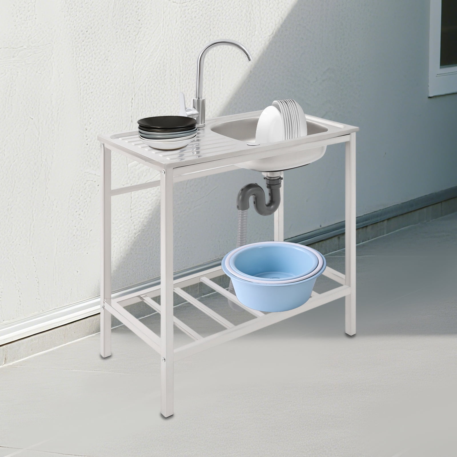 Kitchen Single Bowl Sink with 360° Rotatable Faucet, Catering Sink with Bottom Shelf, Utility Sink