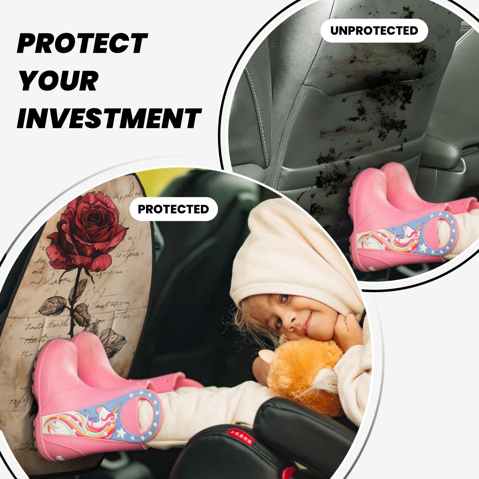 Kdxio Vintage Rose Botanical Art Print 2 Pack Car Kick Mat Seat Cover Back Protector Mat with Pockets for Organizer Backseat Protector and Storage Anti Kick Pad for Vehicles