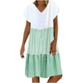 thumbnail image 1 of CHOK Robe Mini Décontractée pour Femme Grande Taille Été Ample Mode Patchwork Col en V à Rayures à Pois Manches Courtes Volant Ourlet à Étages en Lin Robe de Plage Soleil en Liquidation, 1 of 5