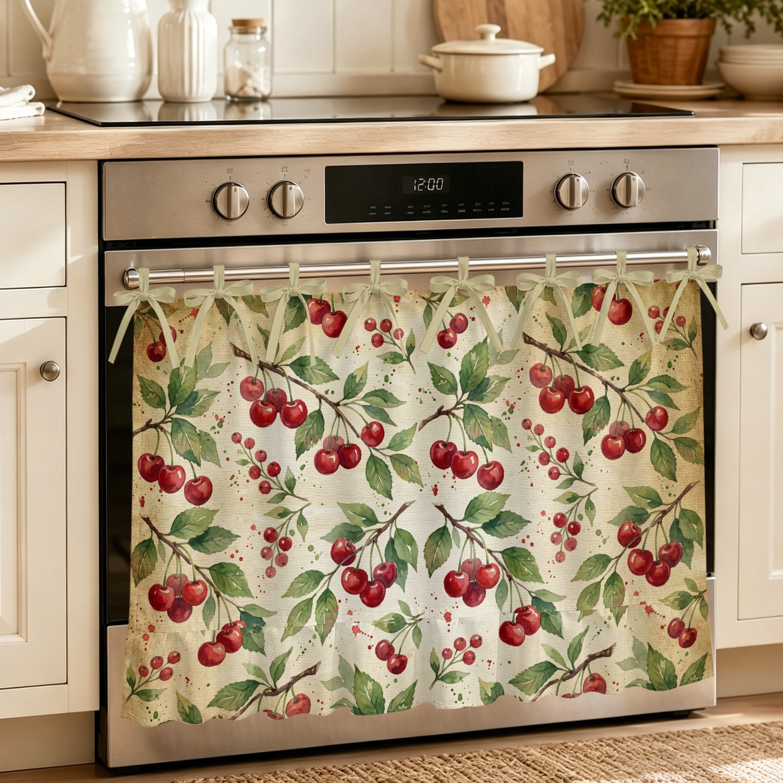 Oven Skirt Curtain for Kitchen 24x32 Inch Botanical Cherry Oven Curtain with 8 Ribbon Ties & Ruffle Trim Stove Skirt Curtain Dishwasher for Cabinets Sinks Vintage Brown Forest Fruits Green Branch
