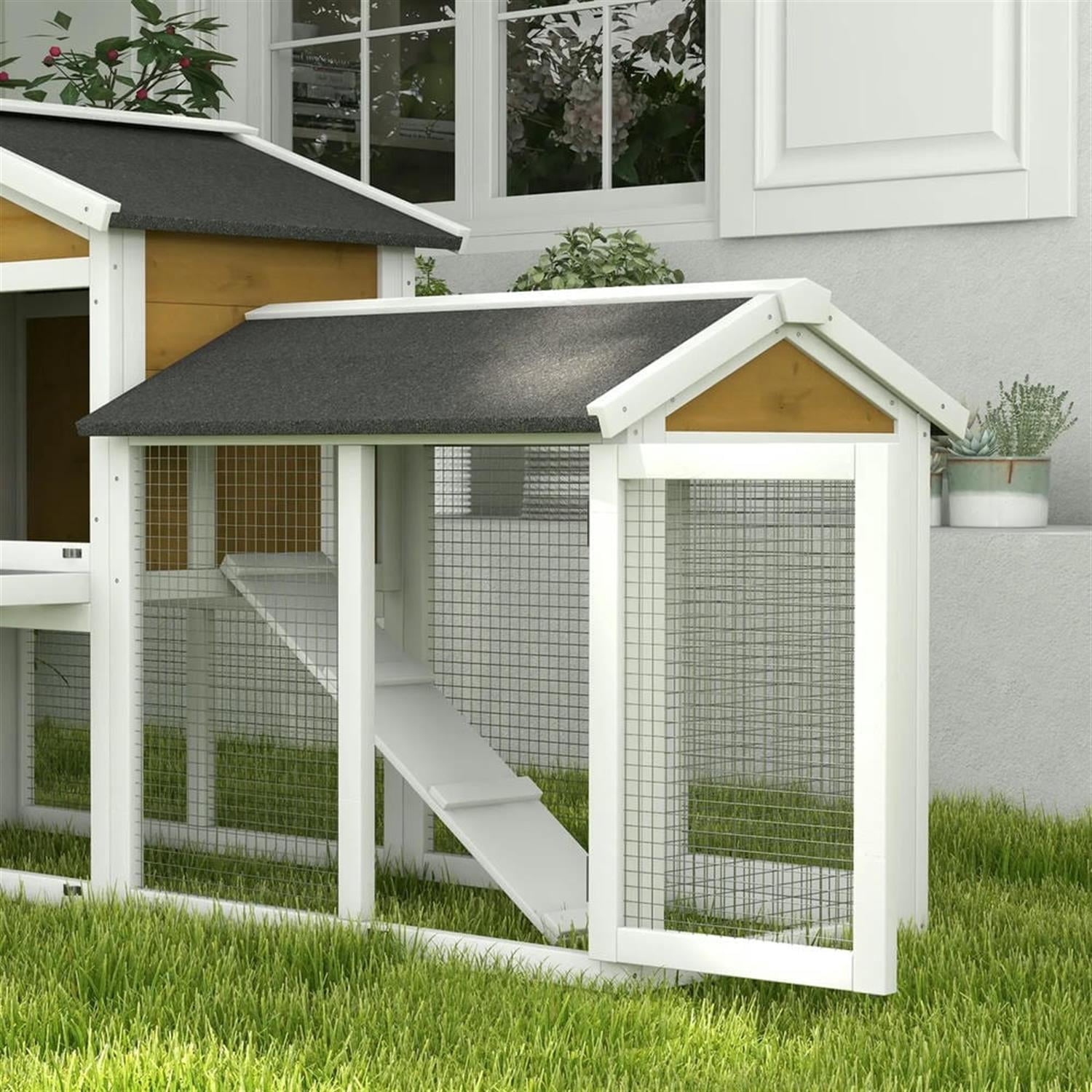 Kadyn 58" 2-tier Wooden Rabbit Hutch with Slide-out Tray, Outdoor Small Animal Habitat Chicken Coop Bunny Cage for Bunnies, Guinea Pigs, Brown