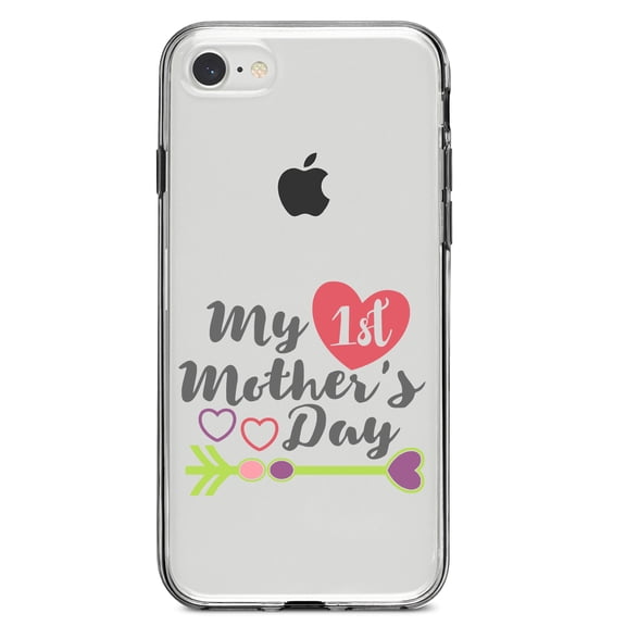 DistinctInk Clear Shockproof Hybrid Case for iPhone 7 8 SE (2020 Model) 4.7" Screen TPU Bumper Acrylic Back Tempered Glass Screen Protector - My First Mother's Day Hearts