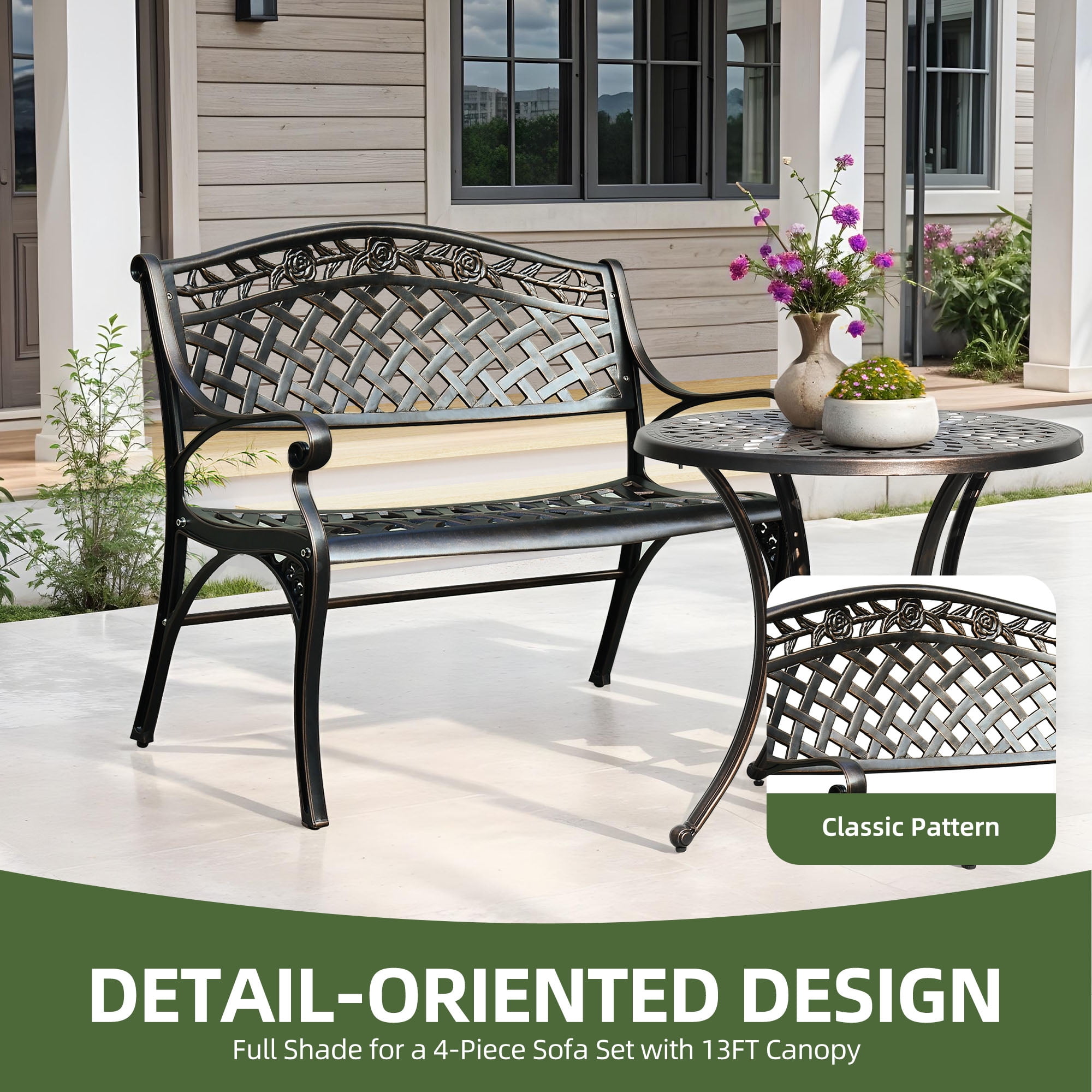 Uforic Cast Aluminum Outdoor Metal Garden Bench with Round Patio Dining Table with Umbrella Hole,Outside Dining Bench Set