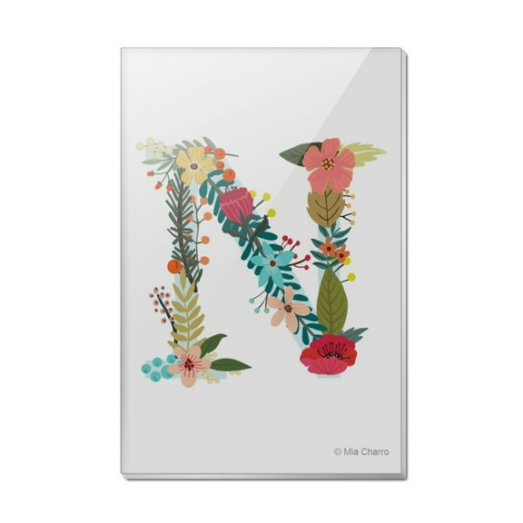 Letter N Floral Monogram Initial Rectangle Acrylic Fridge Refrigerator Magnet