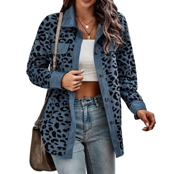Aellinatey Women's Corduroy Shirt Jacket Casual Leopard Print Button Long Sleeve Coat