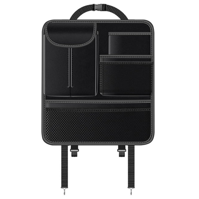 Protector de asiento trasero de coche, almacenamiento para viajes, alfombrilla resistente de cuero PU para patadas de coche. negro