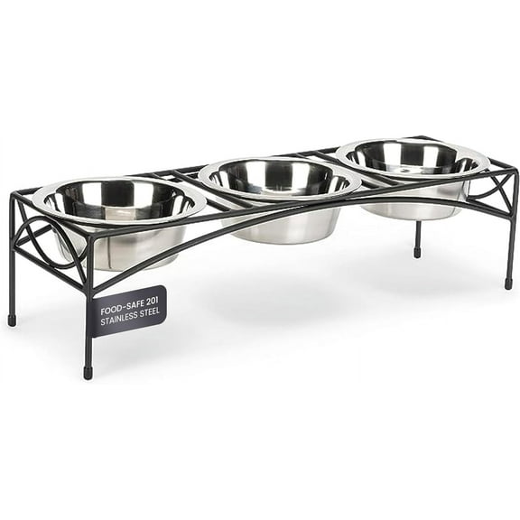 NMN Designs Regal Triple Diner - Triple Bowl Dog and Cat Feeder Stand - Ideal for Feeding Multiple Pets - Durable Wrought Iron Construction with 3-2 Qt Stainless Bowls - 26.5" L x 8" W x 7" H, Black
