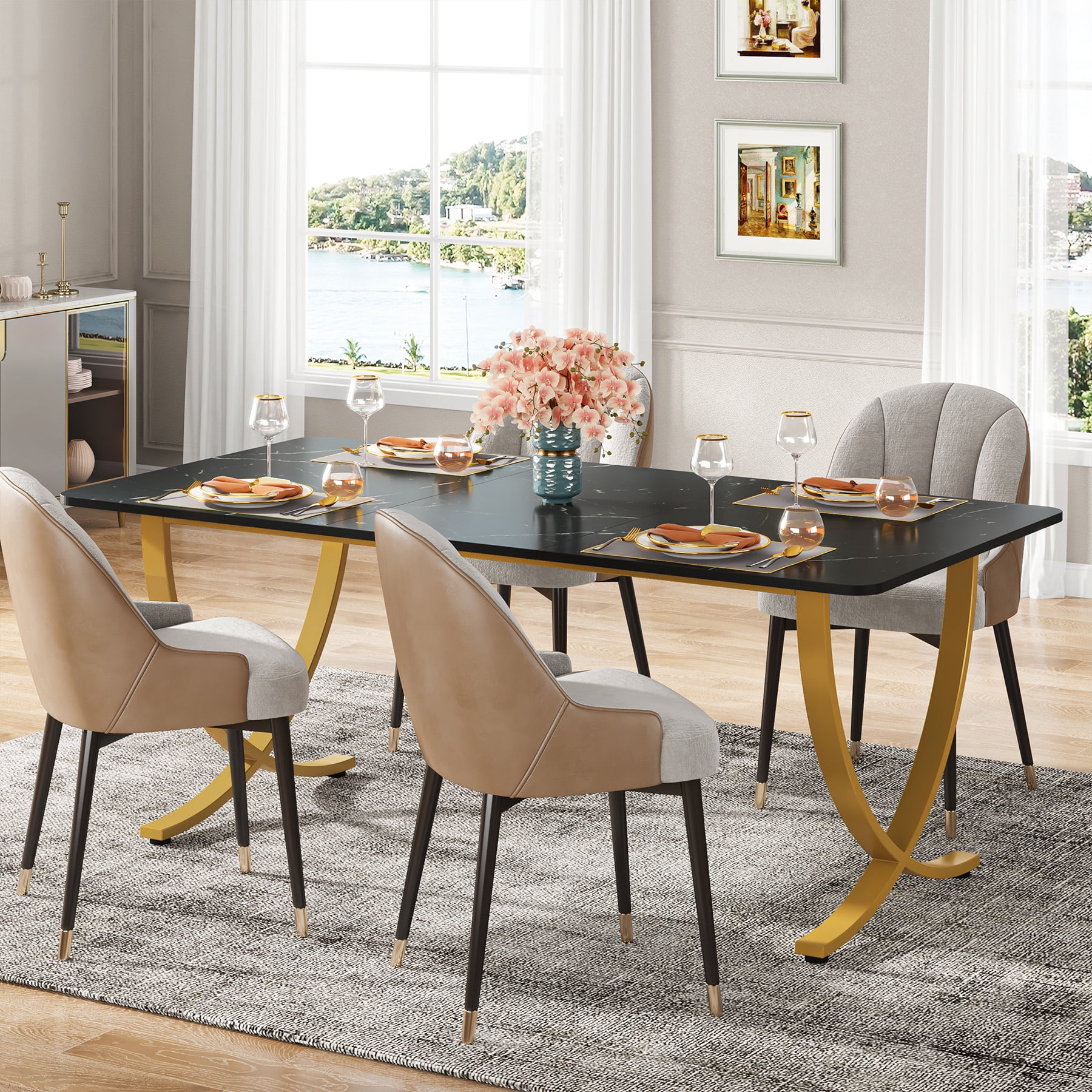 Tribesigns 63" Executive Desk, Large Office Desk with Black & Gold Finish, Modern Computer Desk for Home Office, Conference Room