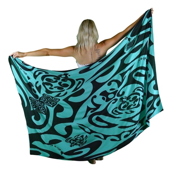 Island Style Women's Pareo Sarong Cover-up- Hawaiian Turtle Print, Black and Teal