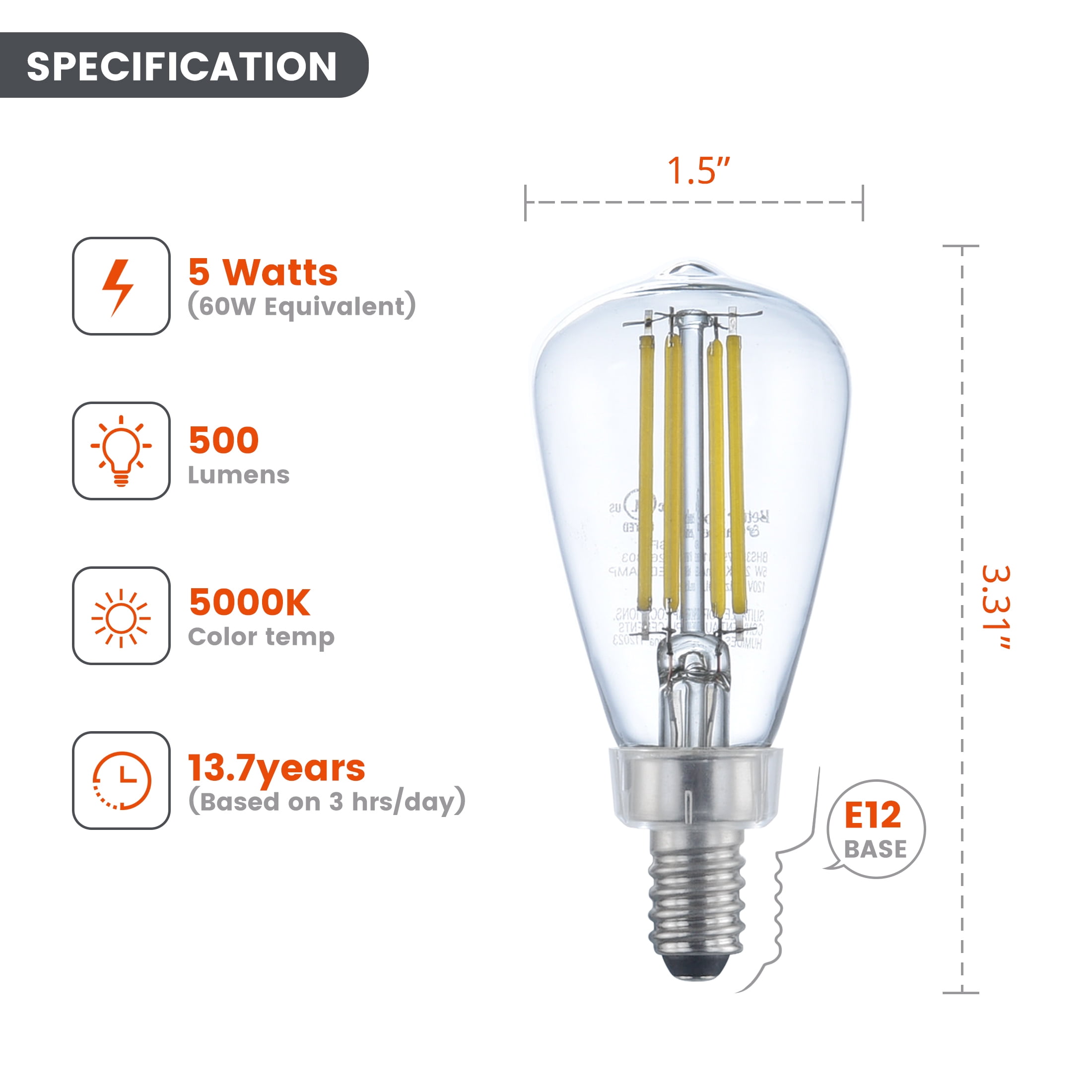 Better Homes & Gardens ST12 LED Light Bulb, 5-Watt (60W Equiv.) Daylight Dimmable E12 Base, 2PK CA