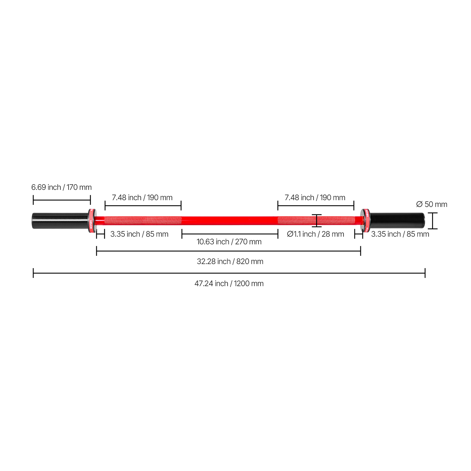 VEVOR 4FT Barbell Bar, Fits 2-Inch Weight Plates, Barbell Bar with Knurled Grip for Strength Training, Weightlifting, Squat, Deadlift, Bench Press, Curl, Overhead Press, 550lbs/226kg Capacity