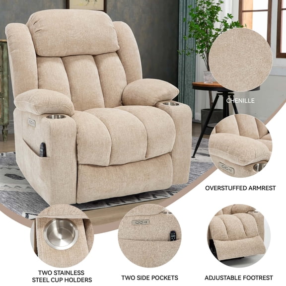 Power Lift Recliner Chair with Massage and Heat, Heavy Duty 350 LBS Capacity Electric Recliner with USB Ports, Perfect Gift for Husband, Wife, Father, Mother, Beige