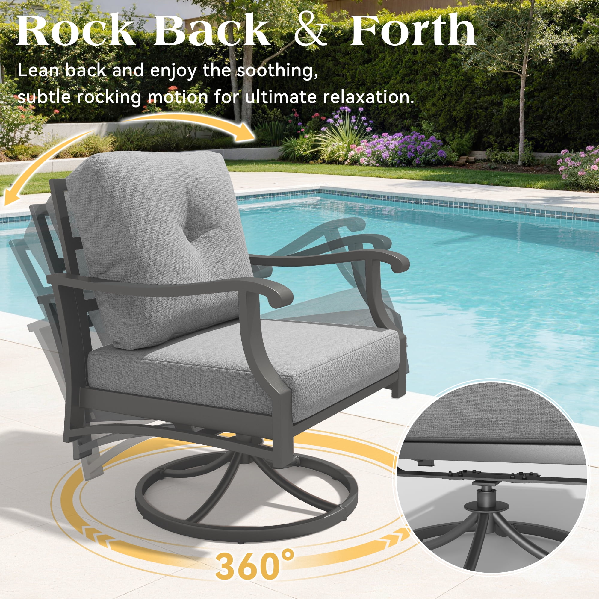 Mvpipi 6 Piece Aluminum Patio Conversation Set, Outdoor Metal Furniture Set w/Rocking Swivel Chairs, 3-Seat Sofa, Ottomans and Coffee Table, 5" Thickened Cushions for Backyard, Poolside, Gray