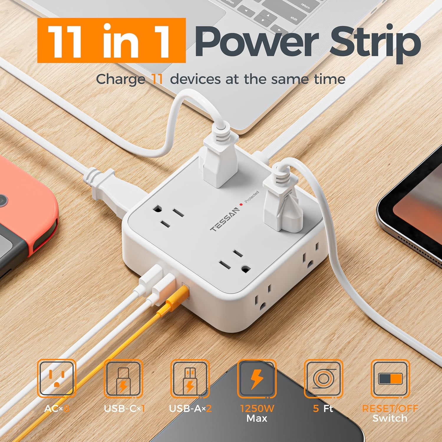 Surge Protector Power Strip, 5 Ft Flat Plug Extension Cord with 3 USB (1 C) 8 Outlets, 1250W, 900J Protection, Sided Outlet Extender Switch for Office, Dorm Room, Grey