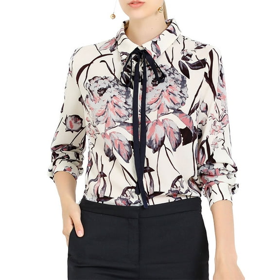 Allegra K Women's Floral Button Down Long Sleeves Tie Neck Office Shirts