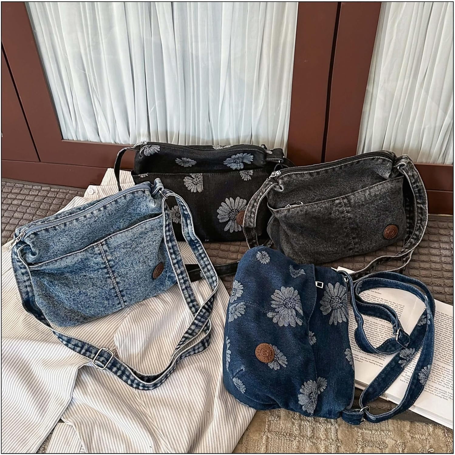 Sunyuer Women Vintage Floral Daisy Denim Crossbody Bag, Casual Lightweight Shoulder Handbag, Adjustable Strap Small Hobo Purse, Fashion Daily Commuter Messenger Bag for Shopping Travel