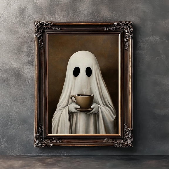 Ghost Drinking Coffee Posters Ghost Tea Print Poster Wall Art Canvas Artwork Home Ghost Coffee Kitchen Halloween Decoration No Frame