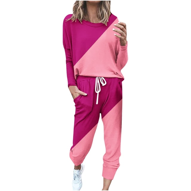 LMKIHUSA Plus Size Womens Outfits Two Piece Outfits Set Long Sleeve Long Pants Tracksuits Patchwork Spring Fall Sweatsuits 2025 Pink,XXXXL