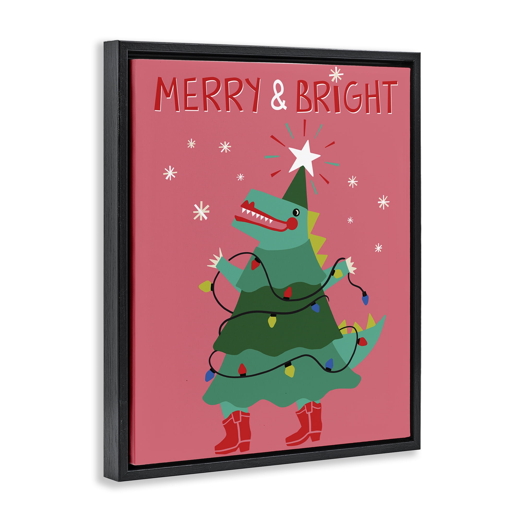 Stupell Industries Merry and Bright Dinosaur Holiday Painting Black Floater Framed Canvas Art Prints Wall Art, 25 x 31