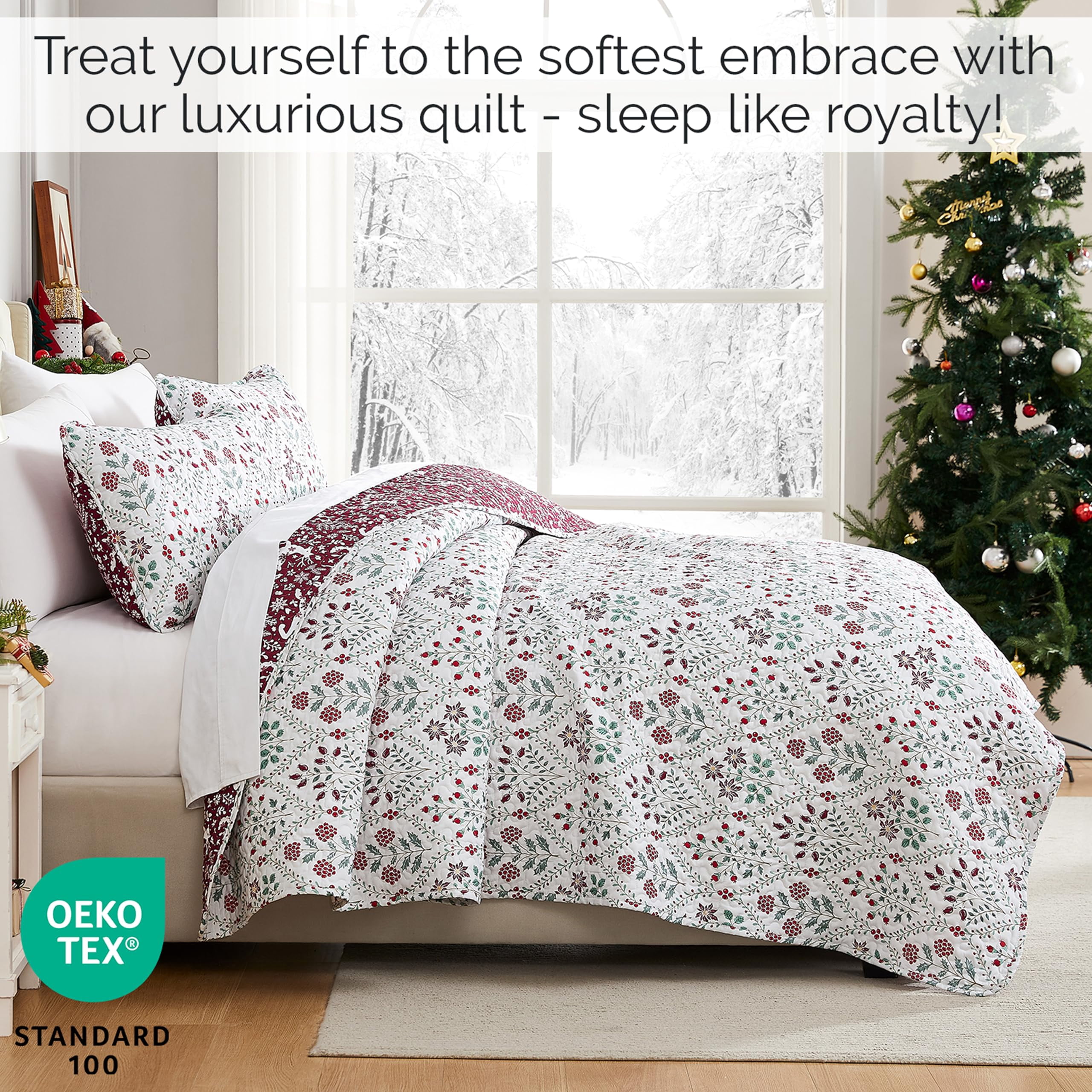 Southshore Fine Living, Inc. Red Christmas Quilt Set, King Size w/ Pillow Shams, Vintage Red & Cream