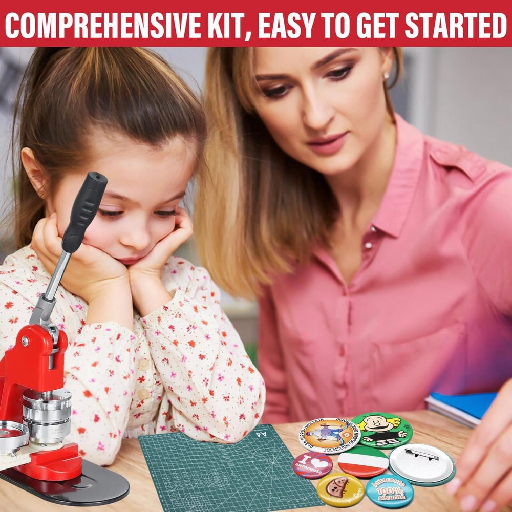 Button Maker Machine - Multiple Sizes, Button Pin Maker 1.25+2.28 inch, Interchangeable Button-models Badge Button Press Machine with 300 Sets Button Maker Supplies &Circle Cutter&Cutting Mat