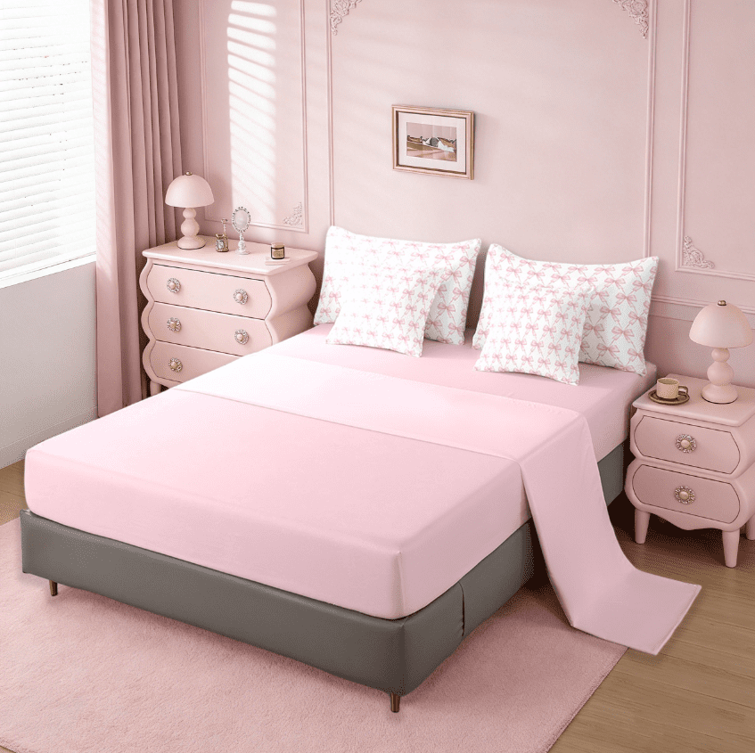 Manfei Kawaii Bow Bedding Comforter Set 7 Pieces,Girls Bow Knot Full Bedding Set,Pink White Fitted Sheet Flat Sheet,Breathable Bedroom Decorative,Reversible