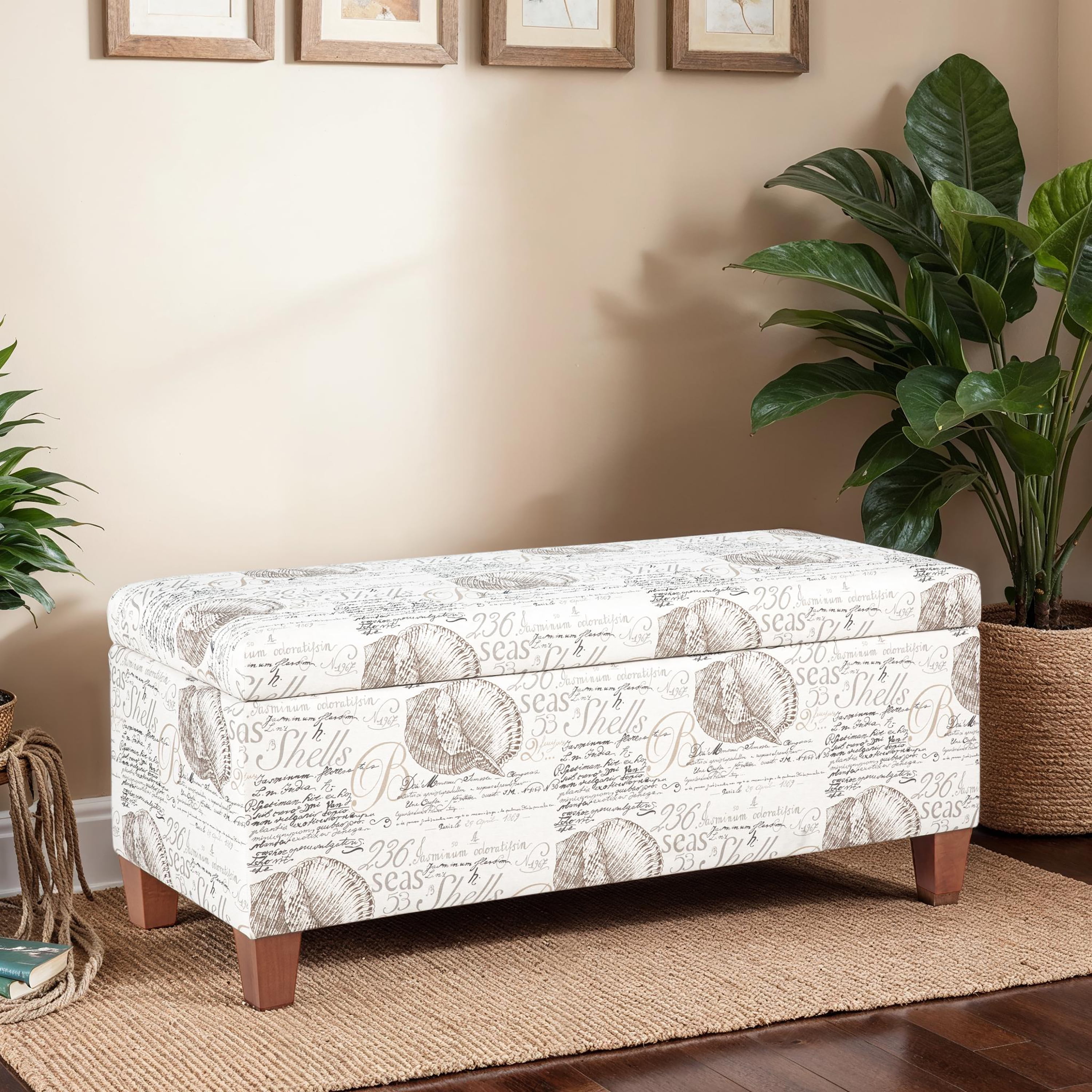 Linon Carmen Upholstered Storage Ottoman, Beige Ocean Seashell