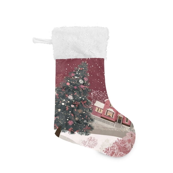 Christmas Stocking with Hanging Loop for Family Holiday Ornament Pink Christmas Trees and Houses