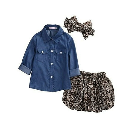 

3PCS Toddler Kids Baby Girls Outfits Clothes Denim Tops T-shirt+Short Skirt Set