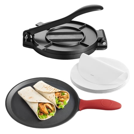 8 Inch Tortilla Press, Cast Iron Chapati Maker, Roti Press for Tortillas, Pizza Dough, Flatbread - Includes 10.5" Frying Pan