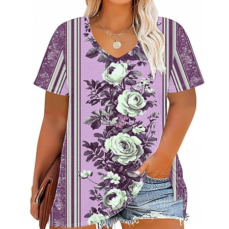 Summer Plus Size Tops For Women Causal Loose Short Sleeve V-Neck Floral Printed Pullover Blouse T-Shirt Oversized Women Shirts Under $10 Hot Pink 5XL
